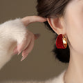 Leopard Brown and Red Velvet Wide Gold Tone Hoop Earrings view 4