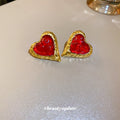 Red Heart Stud Earrings And Cord Pendant Necklace With Polished Metal Tone Details view 3