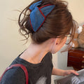 Blue Denim Triangle Bow Hair Claw With Burgundy Edge view 2