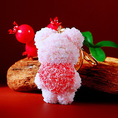 A styled front view shows the rose texture teddy bear keychain and its attached hardware.
