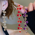 Red Crystal Flower Long Linear Drop Stud Earrings Statement Pair view 1