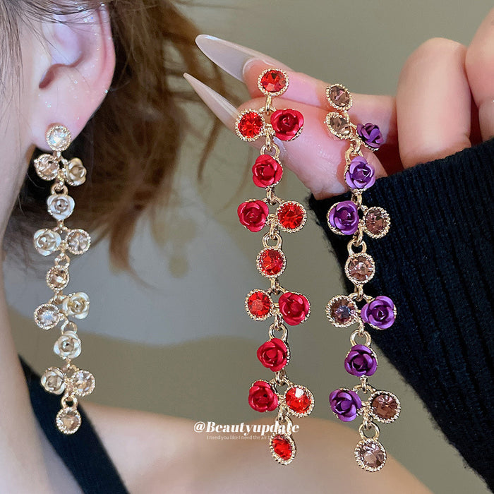 Red Crystal Flower Long Linear Drop Stud Earrings Statement Pair