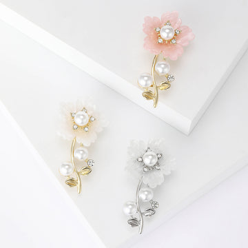 Pearl Flower Stem Brooch Cream Pink Or Silver Tone