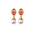 Gold Oval Resin Stud Pearl Drop Earrings Red Green 2 Colors view 5