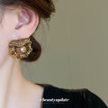 Vintage Gold Tone Ornate Pearl Medallion Stud Earrings view 4