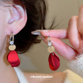 Red Petal Drop Earrings With Gold Tone Hooks For Distinctive Statement Styling view 3