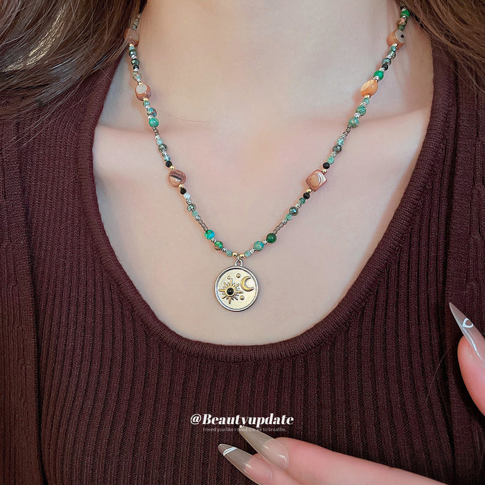 Green and Brown Beaded Celestial Medallion Necklace