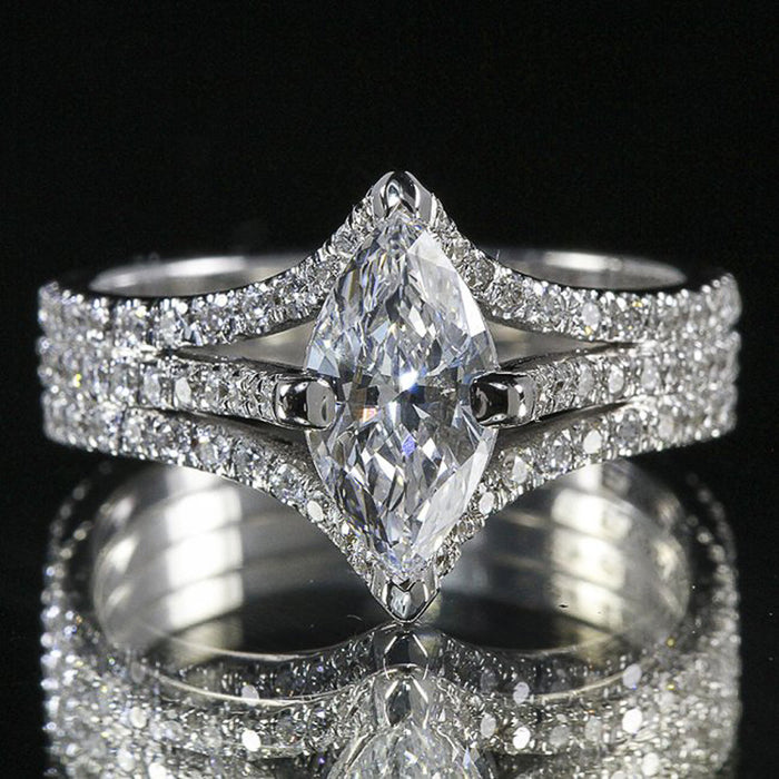 Marquise Clear Solitaire Triple-Row Split-Band Ring In Silver Tone