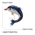 Blue Dolphin Brooch in Metal with Blue Enamel Dolphin with a Red Snout and Crystal Belly view 4