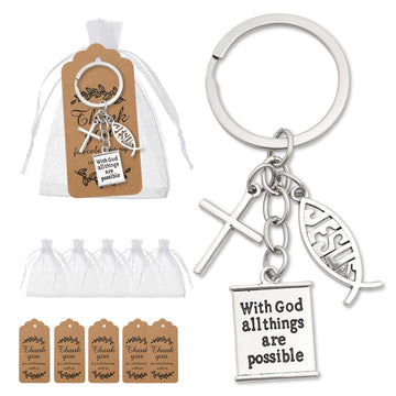 Silver Tone Cross Fish Leaf and Scripture Tag Keychain