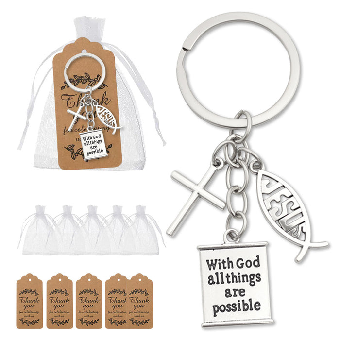 Silver Tone Cross Fish Leaf and Scripture Tag Keychain