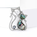 Crystal Double Cat Brooch with Iridescent Shell Inlays view 2