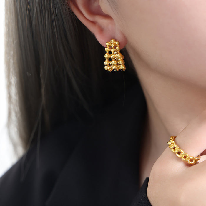 Hollow Ball Lattice C-Shaped Stud Earrings Gold Steel