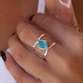 Silver-Tone Double Band Ring with Diamond-Shape Turquoise-Look Stone view 3