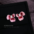 Pink Enamel Three Petal Flower Stud Earrings Crystal view 1