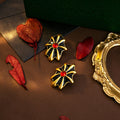 Black and Gold Cross Flower Red Center Statement Stud Earrings view 3
