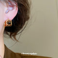 Pair of Metal Tone Gold Tone Square Brown Cabochon Hoop Earrings view 4