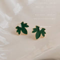 Dark Green Enamel Maple Leaf Earrings Gold Beaded Edge Crystal view 6