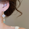White Flower and Green Bead Hook Earrings Statement Jewelry view 4