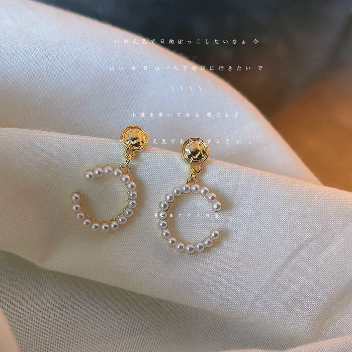 Gold Round Stud C-Shape Pearl Hoop Drop Earrings Pair