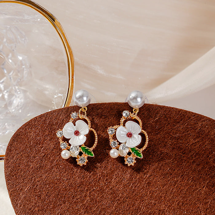 White Flower Pearl Look Green Leaf Gold Stud Earrings