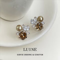 Silver Tone Cluster Stud Earrings Pearl Clear Stones Brown Crystal view 4