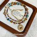 Natural Stone Seed Bead Sun Pendant Gold Tone Necklace view 2