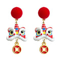 Red Lion Dance Drop Earrings Pompom Posts Coin Charms view 5