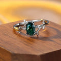 Silver Vine Leaf Oval Green Cabochon Fashion Ring Band view 3