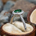 Green Oval Solitaire Halo Slim Ring In Silver Tone view 2