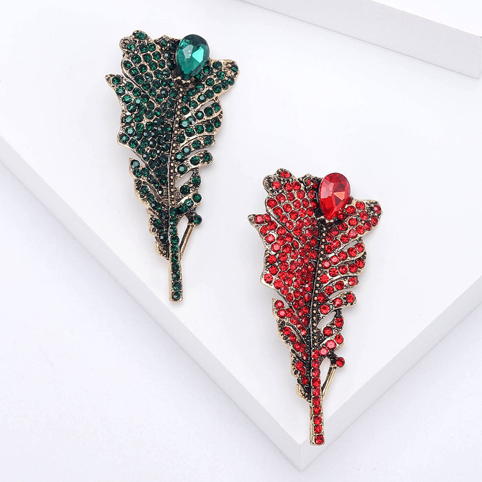Rhinestone Feather Brooch Teardrop Stone Green or Red Styles