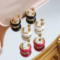 Gold Rim Half-Circle Enamel Stud Earrings Black White Pink view 2