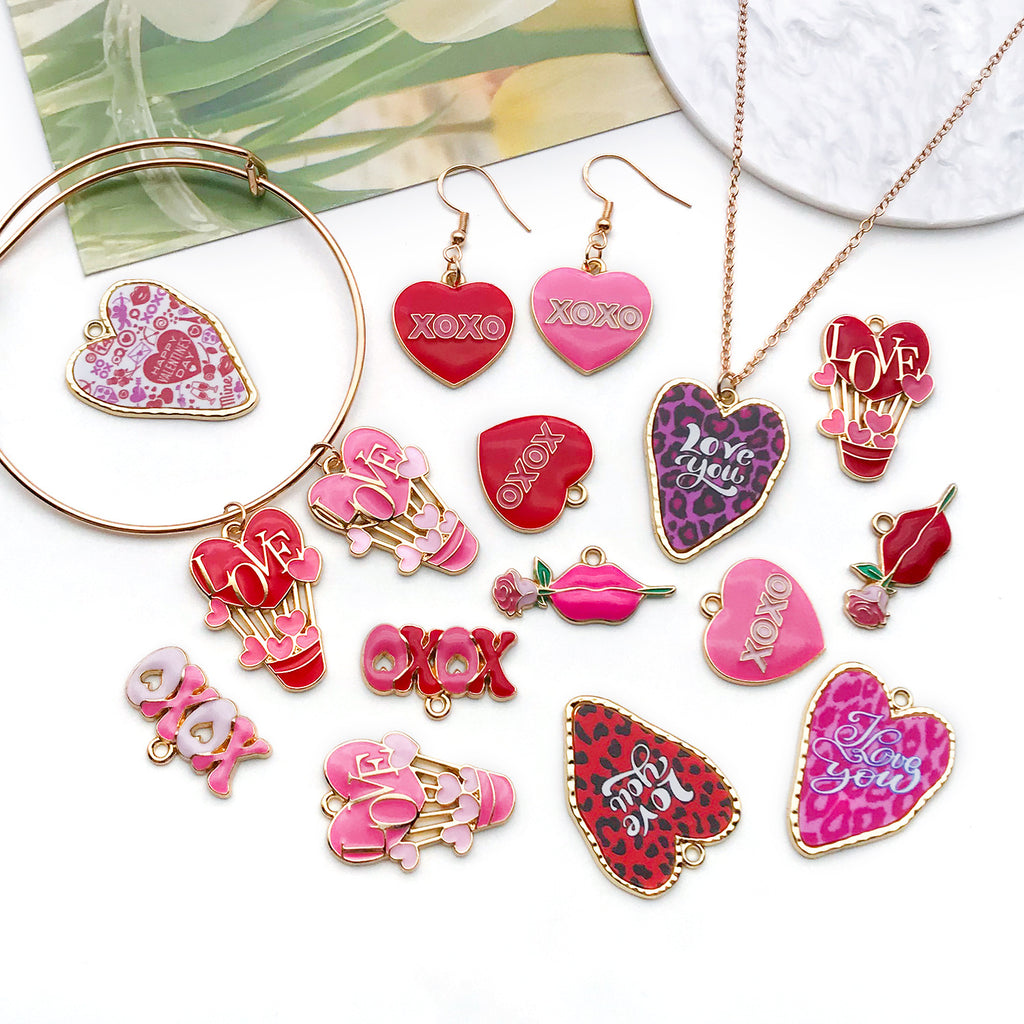 Enamel Zinc Alloy Heart Rose Charm Pendant for DIY Bracelet Earring Keychain Jewelry