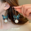 Blue Butterfly Hoop Drop Earrings with Round Faux Pearl Accent view 2
