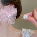 Asymmetric Sheer Flower and Pearl Like Stud Earrings view 4