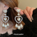 Silver Tone Crystal Heart Drop Earrings With White Pearl Dangles view 1