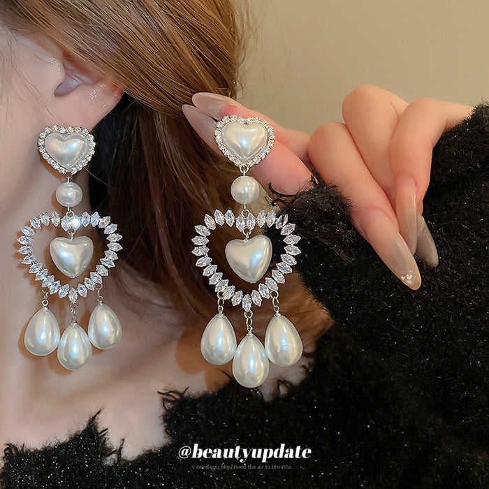 Silver Tone Crystal Heart Drop Earrings With White Pearl Dangles