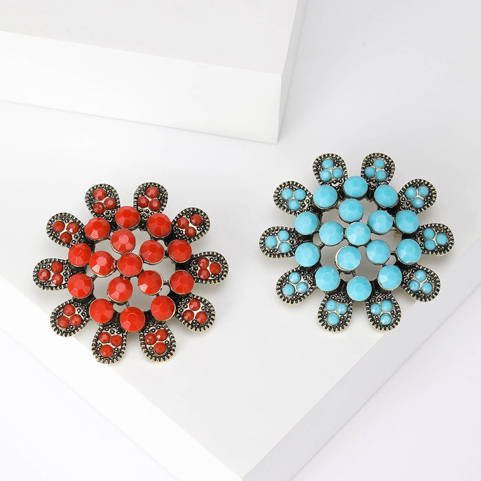 Antique Bronze Flower Brooch Turquoise Or Red Cabochon Pin