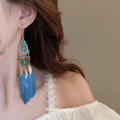 Blue Feather Tassel Hook Earrings In Three Designs view 3