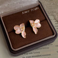 Soft Pink Enamel Three Petal Flower Crystal Stud Earrings view 3