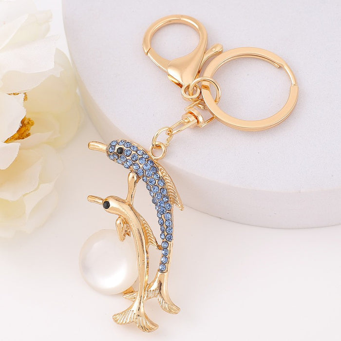 Mother Baby Dolphin Pearl Keychain Rhinestone Four Colors