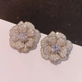 Silver Tone Pave CZ Camellia Flower Stud Earrings Pair view 2