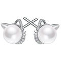 Cat Ear Faux Pearl Stud Earrings Silver Gold Tone CZ Accents view 2