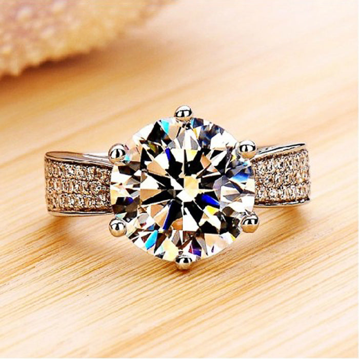 Silver Tone Six Prong Round Clear Stone Pave Shoulder Ring