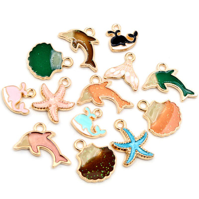 Sea life charms arranged assortment on a white background