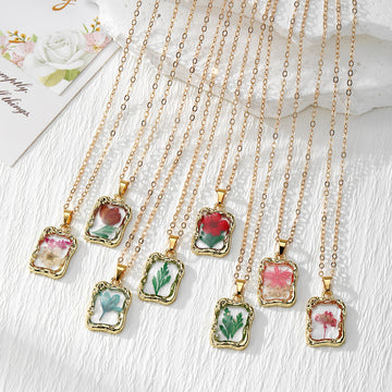 Gold Frame Dried Flower Resin Pendant Necklaces 8 Styles