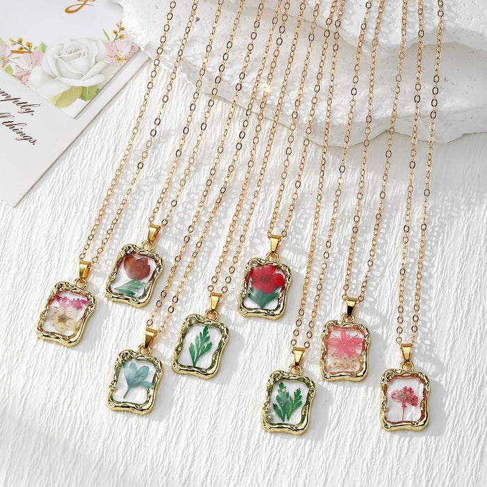 Gold Frame Dried Flower Resin Pendant Necklaces 8 Styles