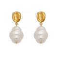 Irregular Disc and White Pearl Drop Earrings in Gold Tone view 5
