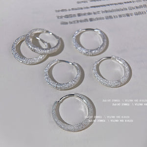 Silver Frosted Texture Hoop Earrings Round Huggie Style Pair