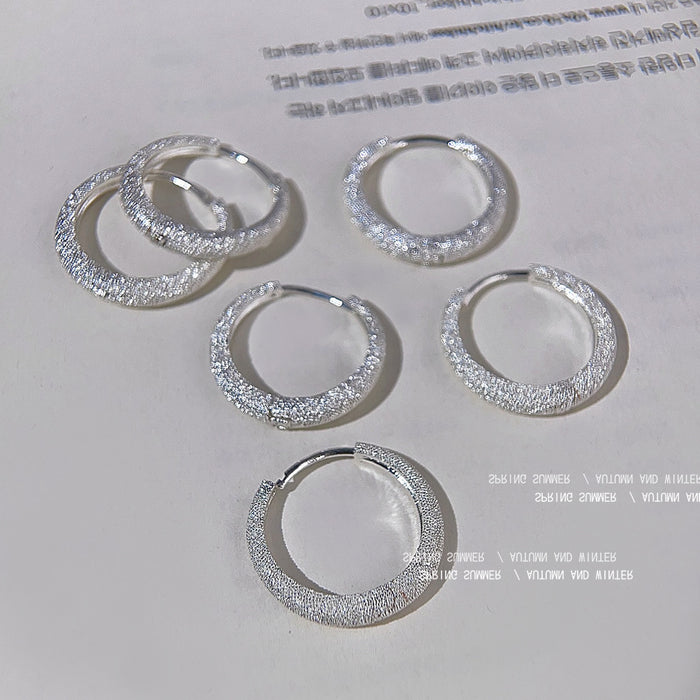 Silver Frosted Texture Hoop Earrings Round Huggie Style Pair